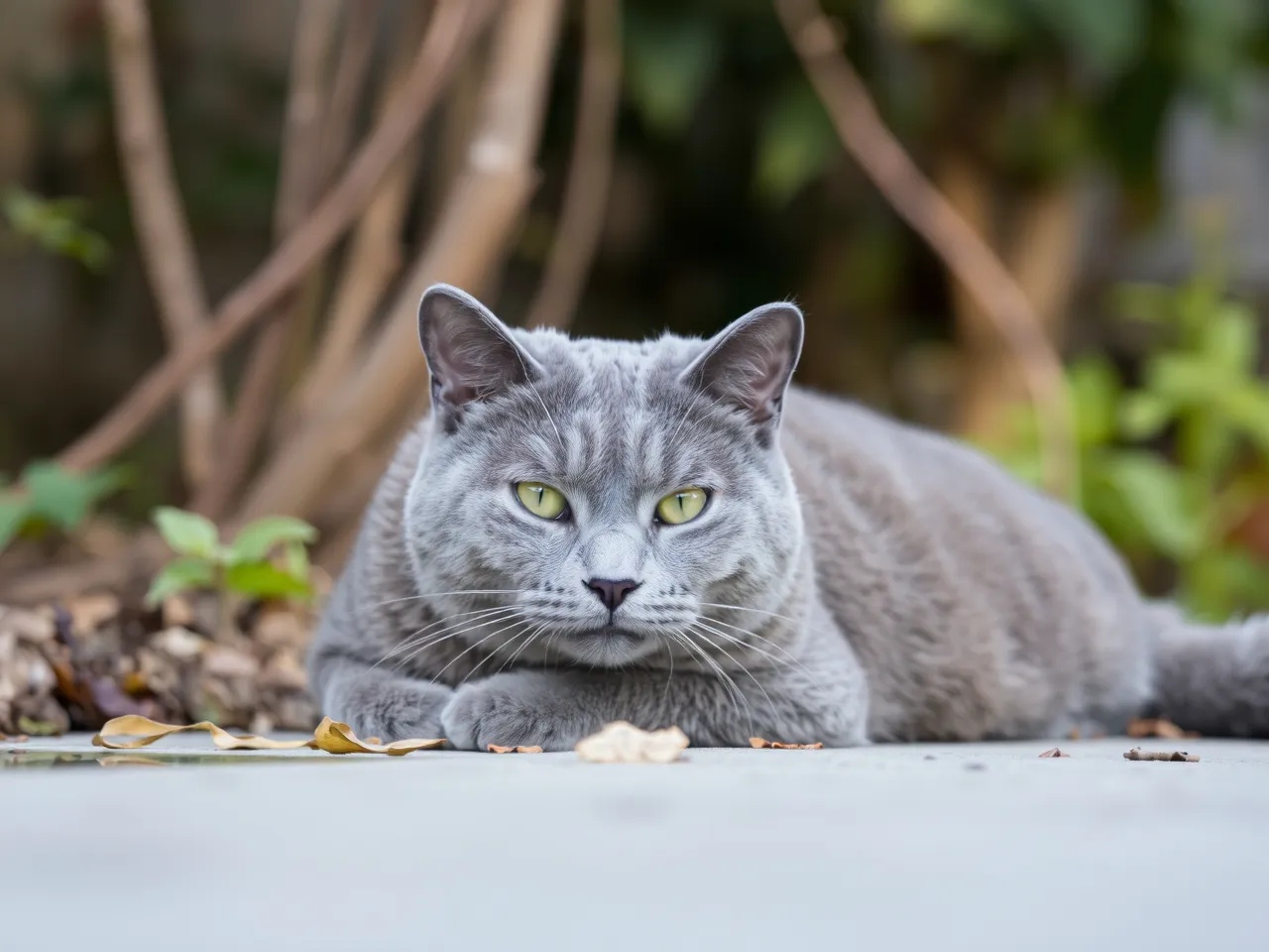 gray cat resting outdoors in natural garden setting
