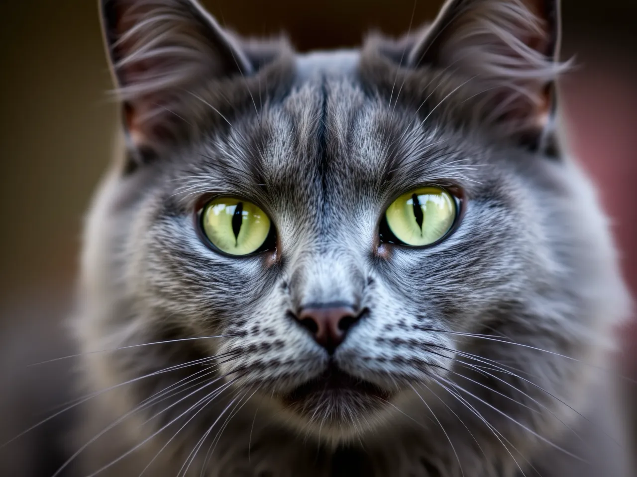 gray cat with green eyes close up portrait natural light