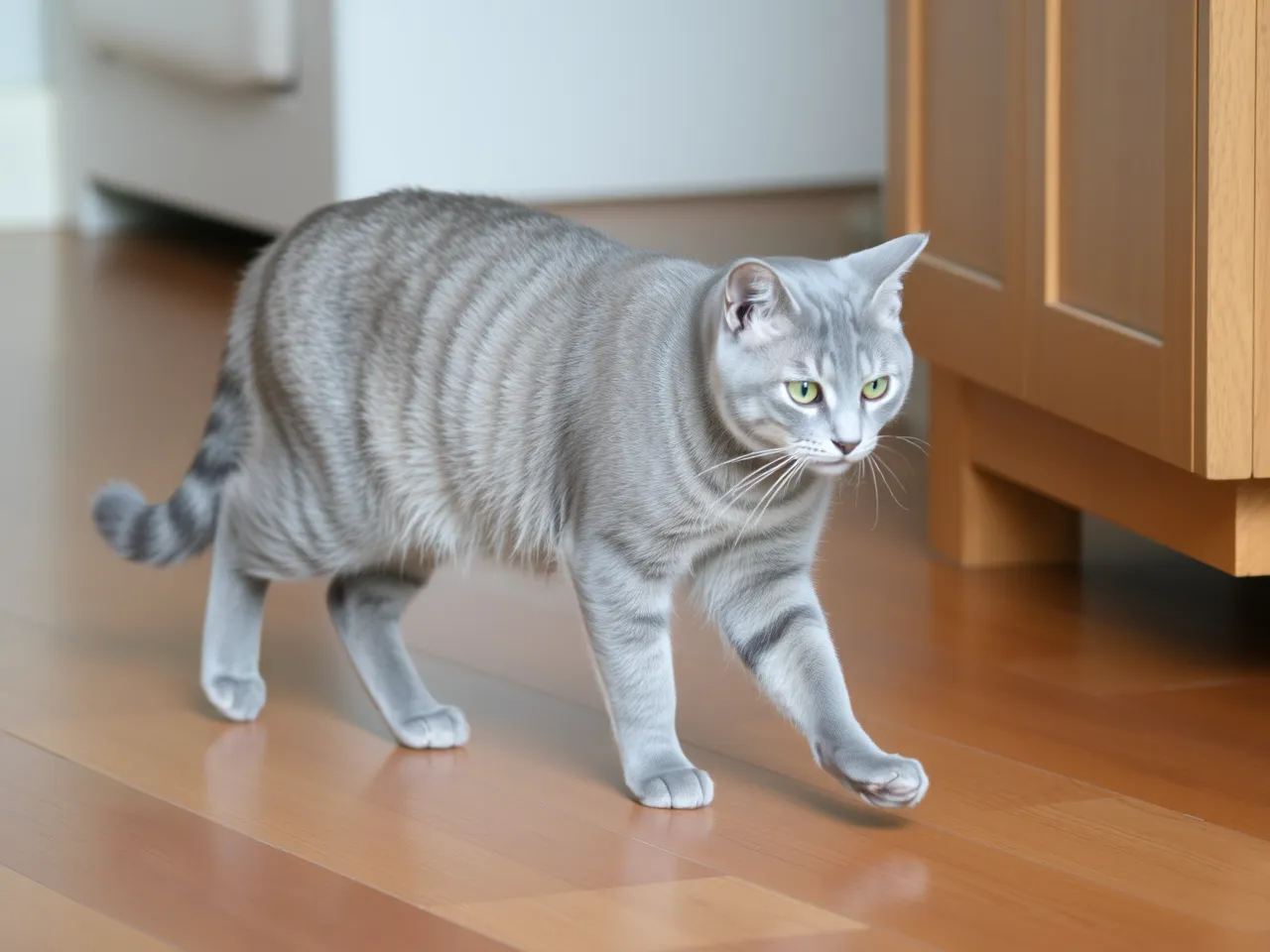 gray cat walking gracefully on wooden floor indoors