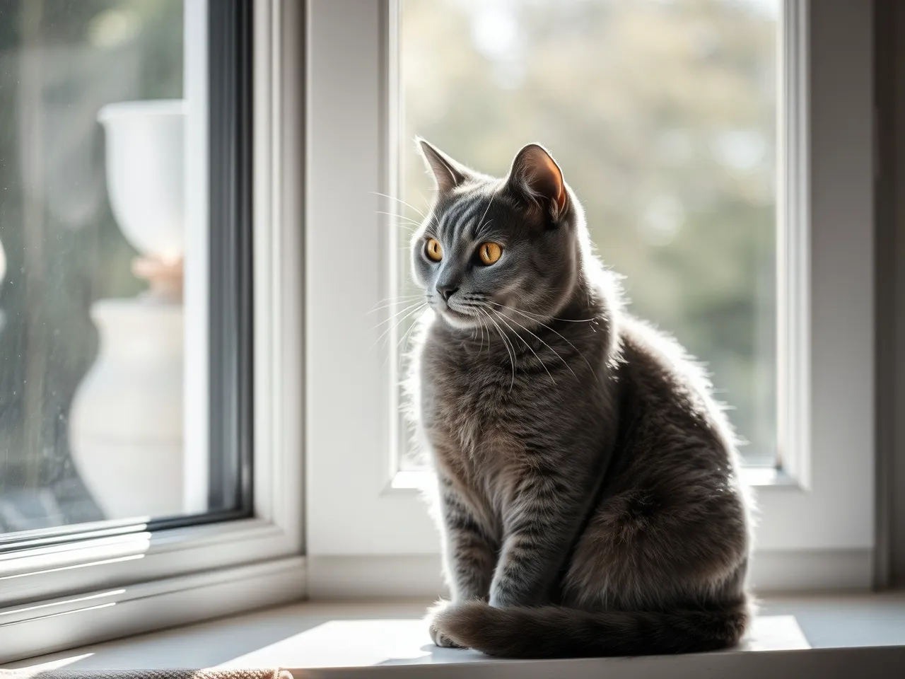 gray cat sitting by window with soft sunlight elegant mood