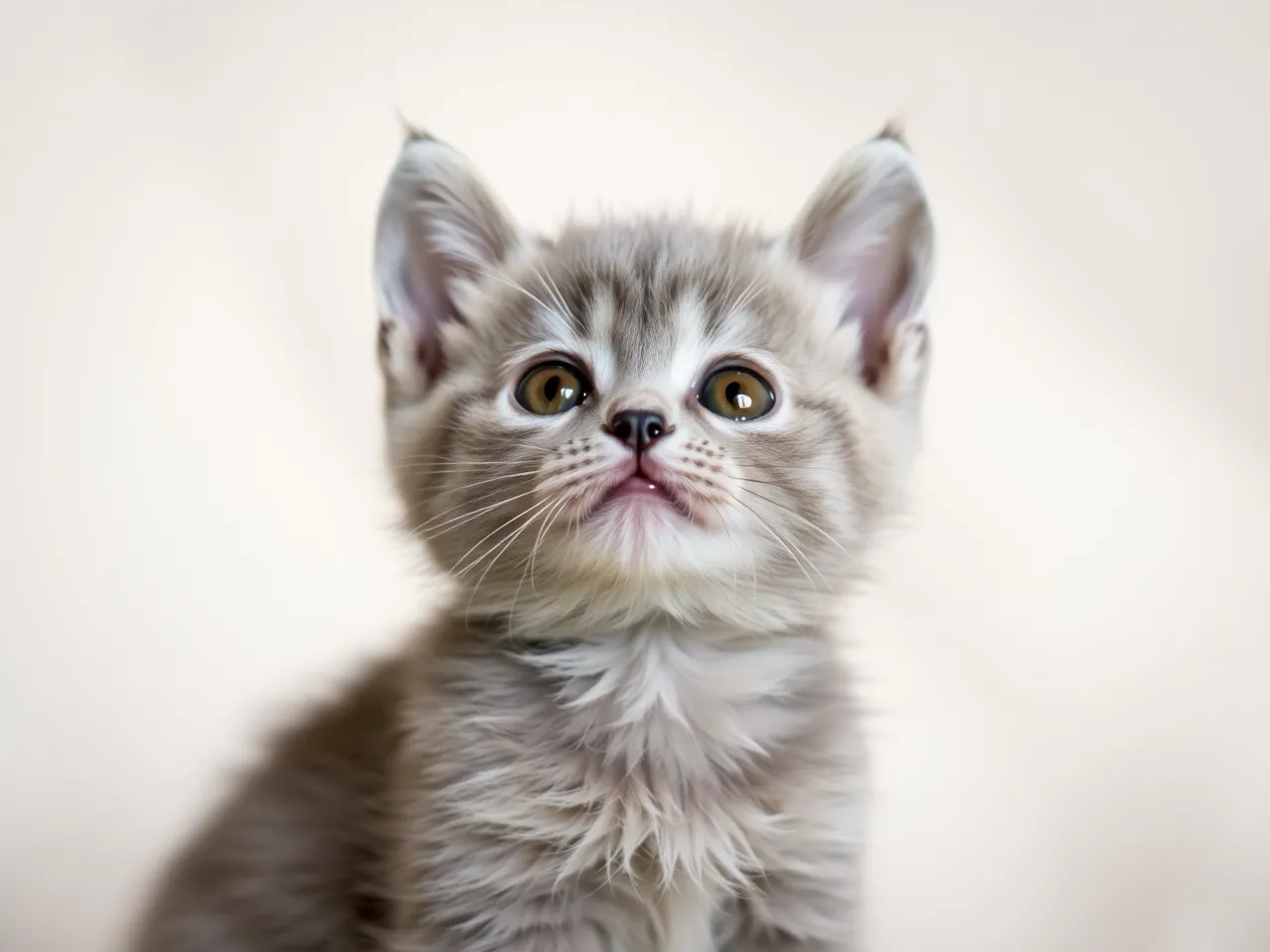 small gray kitten looking up with curious expression