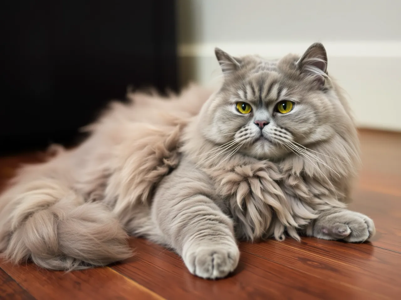 gray persian cat lying on wooden floor with long fur
