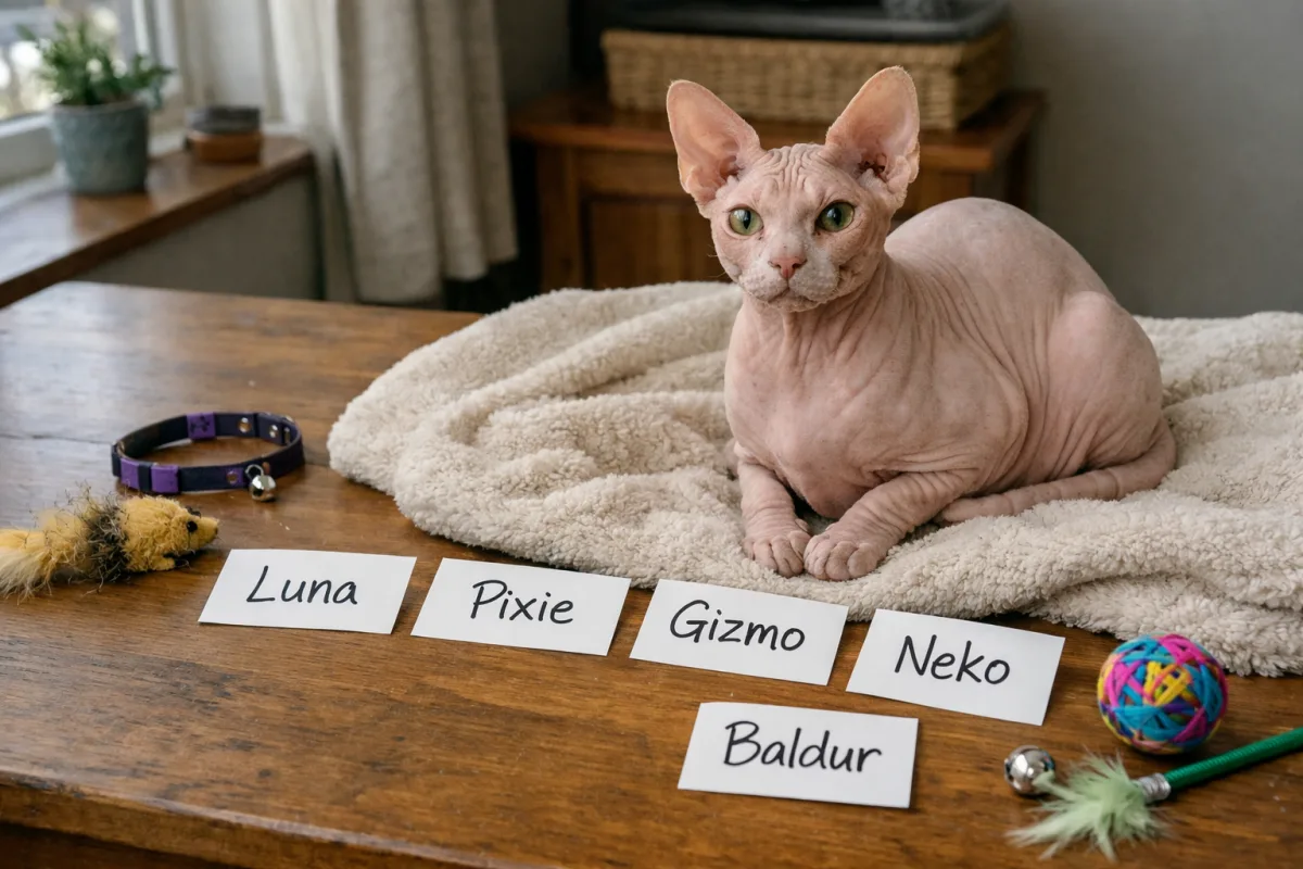 Sphynx cat sitting near name cards