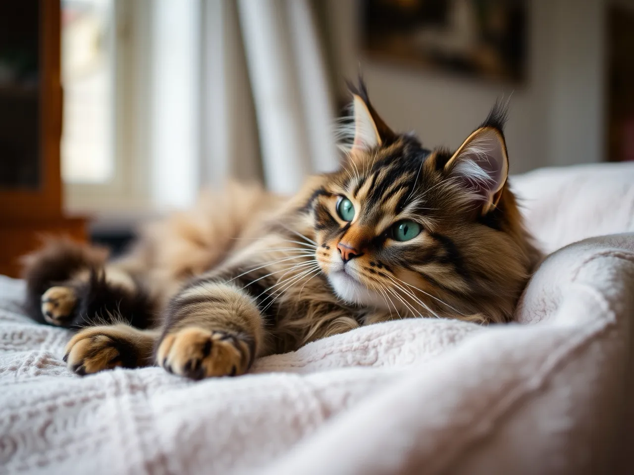 maine coon cat lying on soft blanket with fluffy coat cozy scene