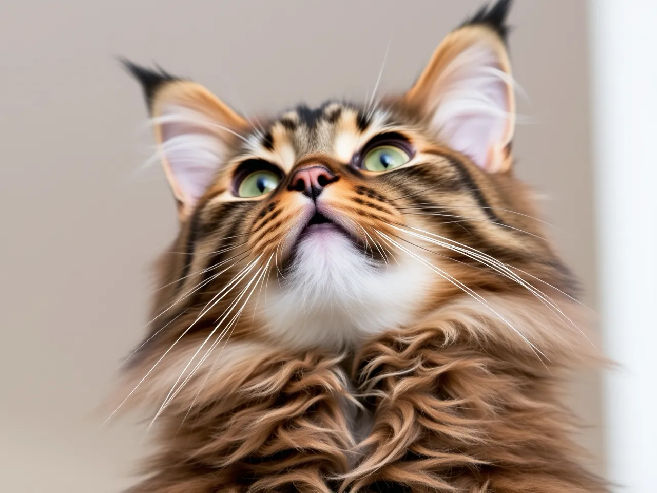 maine coon cat looking up with curious expression and long whiskers