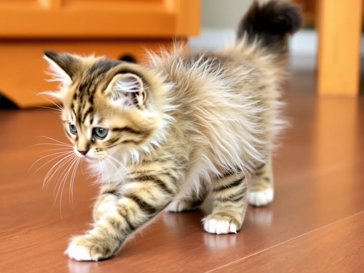 maine coon kitten playing on wooden floor indoors fluffy tail