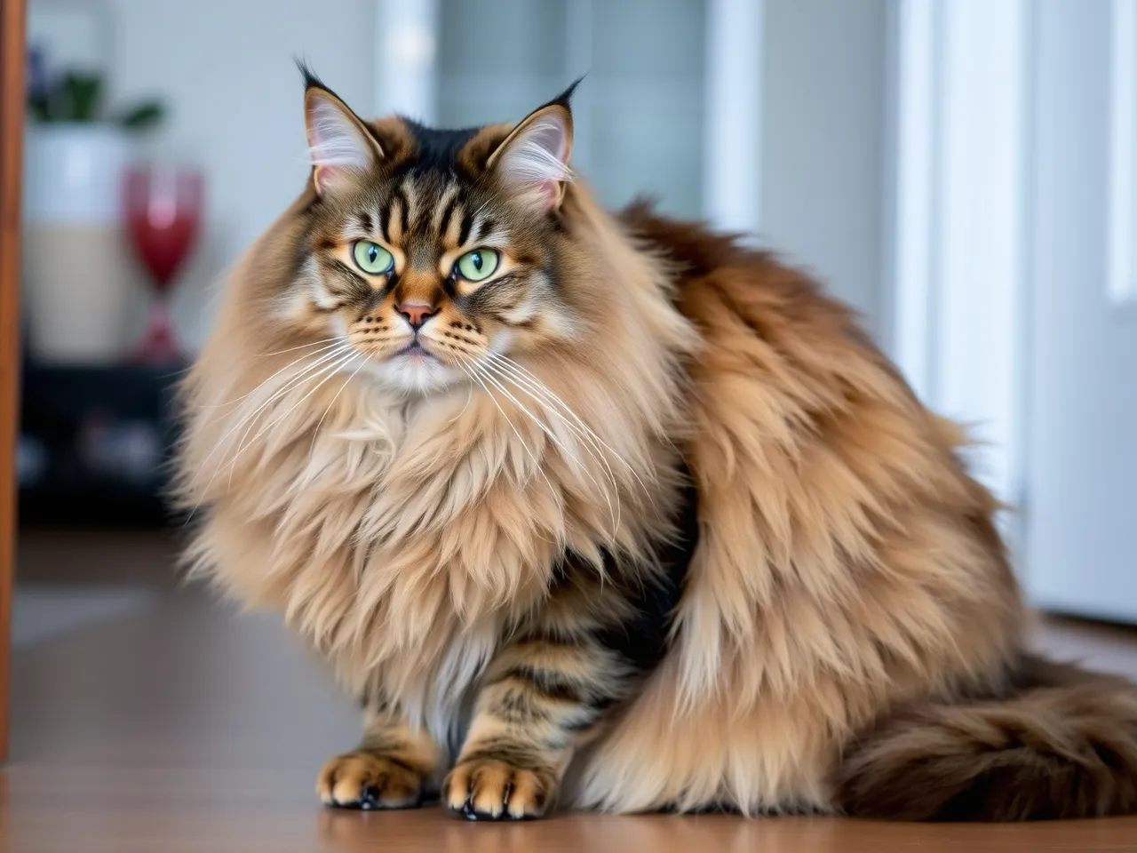 maine coon cat with large size and long fur sitting indoors