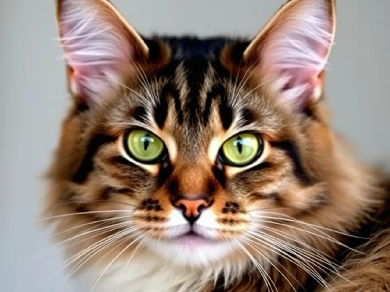 maine coon cat close up portrait with tufted ears and green eyes