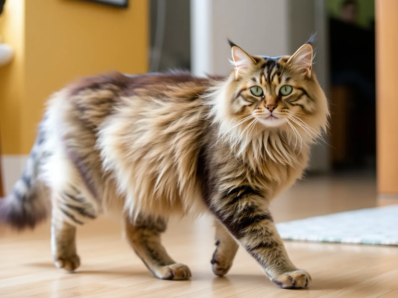 brown tabby maine coon cat walking gracefully indoors long fur