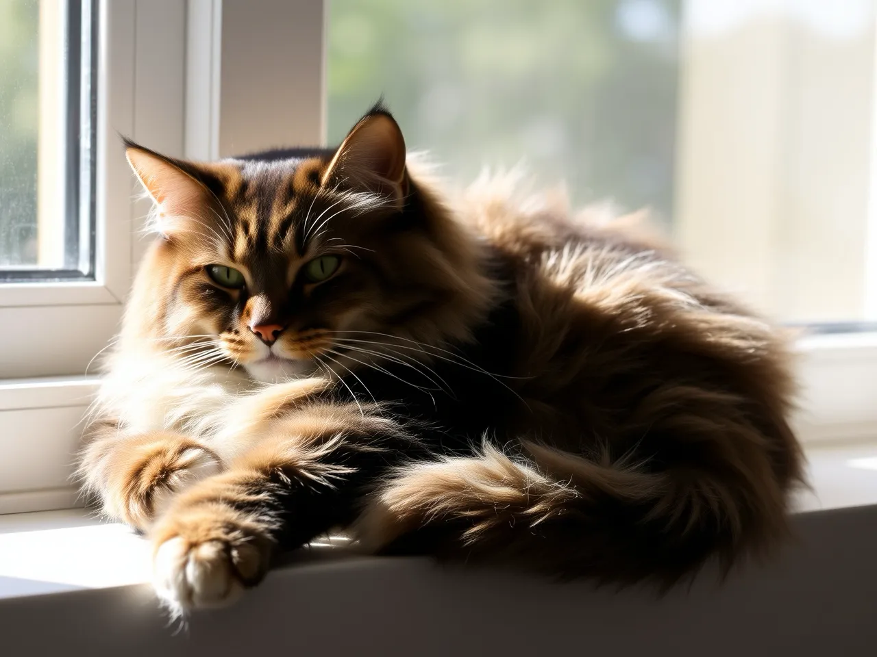 maine coon cat resting near window in natural daylight large paws