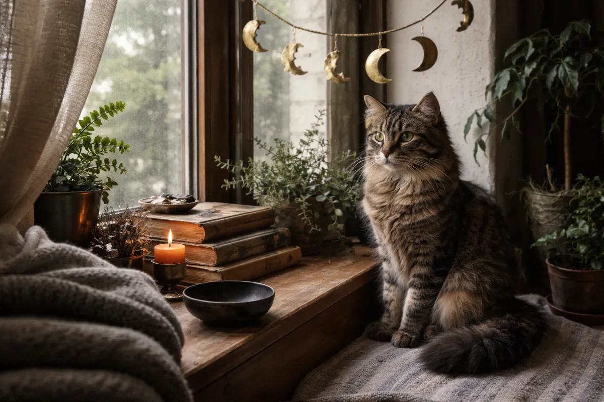 Mysterious cat sitting beside candle and moon decor