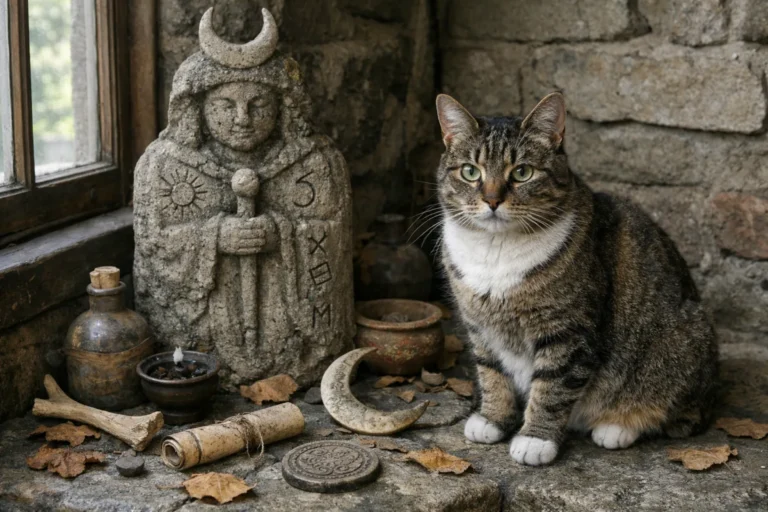 Cat beside ancient statue and moon symbol