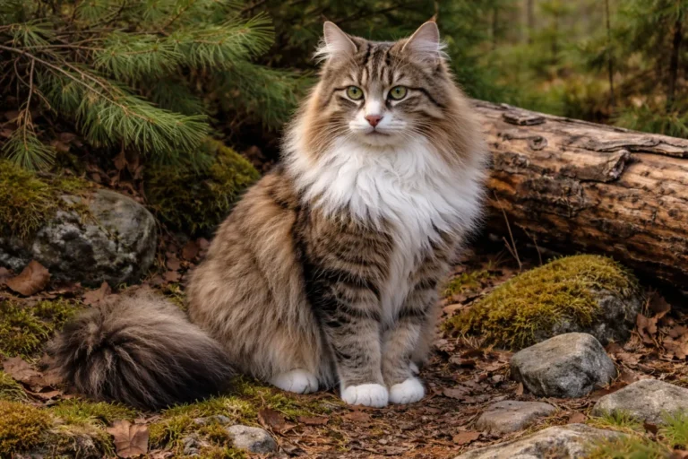 Norwegian Forest Cat beside pine branches