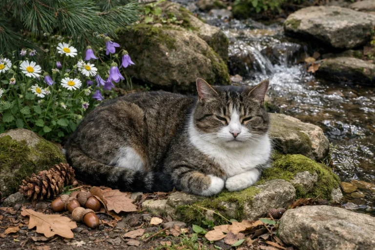 Cat among wildflowers and mossy stones