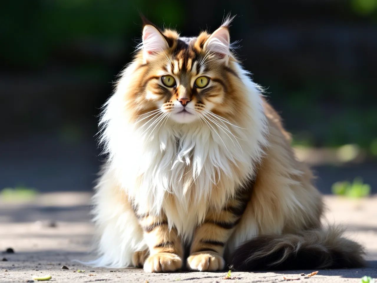 norwegian forest cat with long fluffy fur sitting in natural light