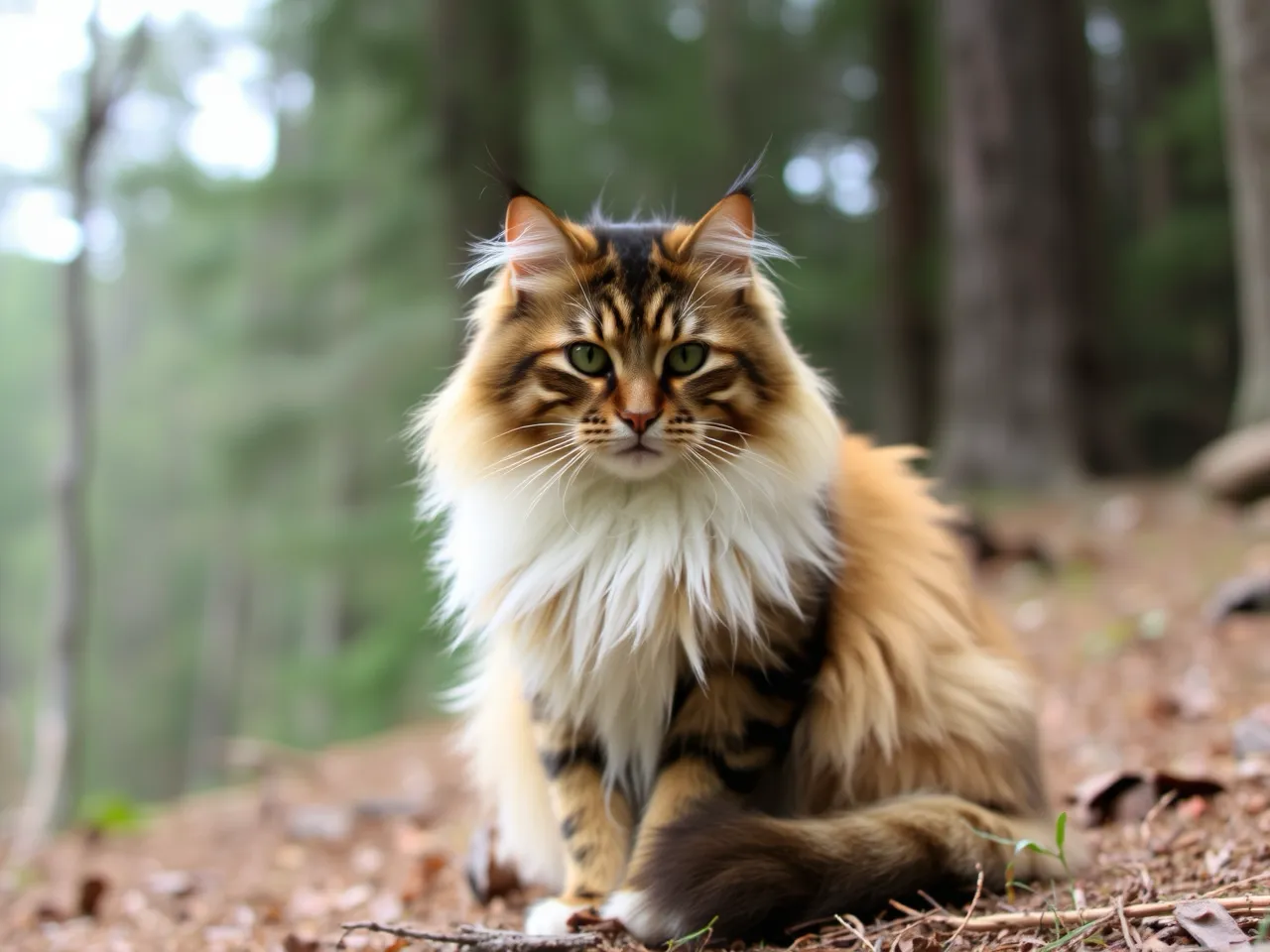 norwegian forest cat sitting outdoors in natural forest setting