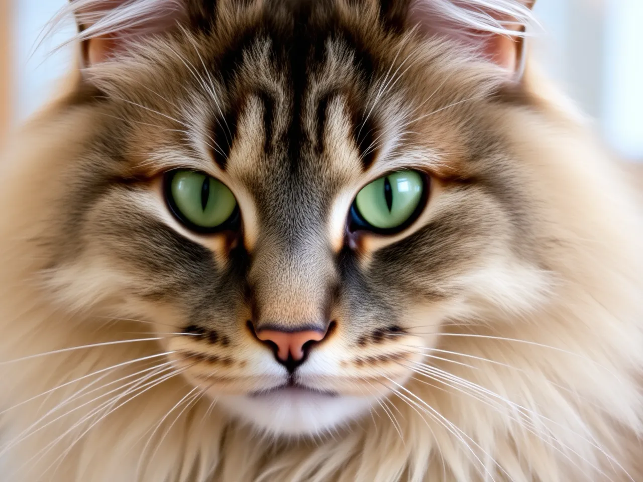 large norwegian forest cat with thick coat and green eyes portrait