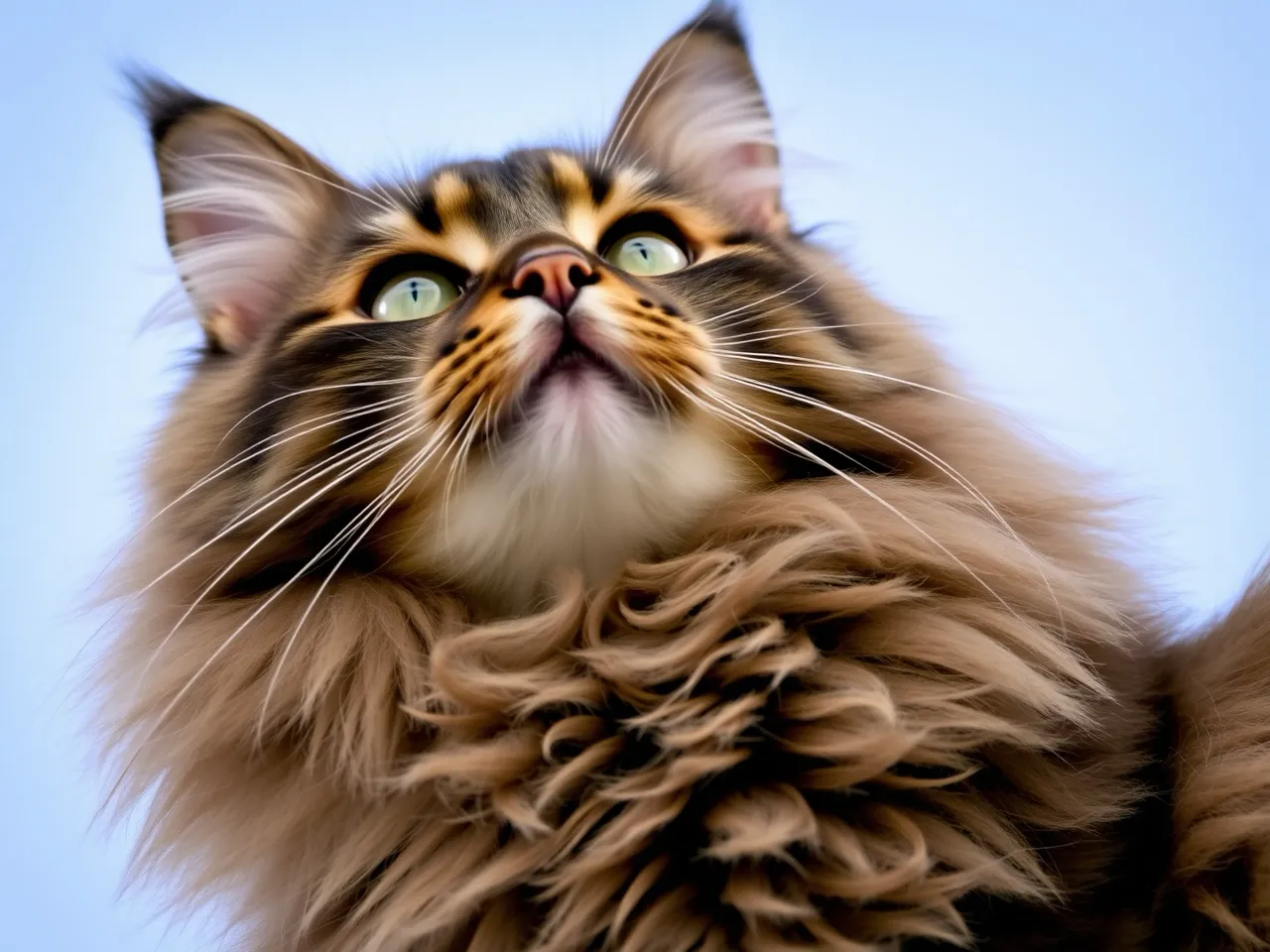 norwegian forest cat looking up with thick fur and bright eyes