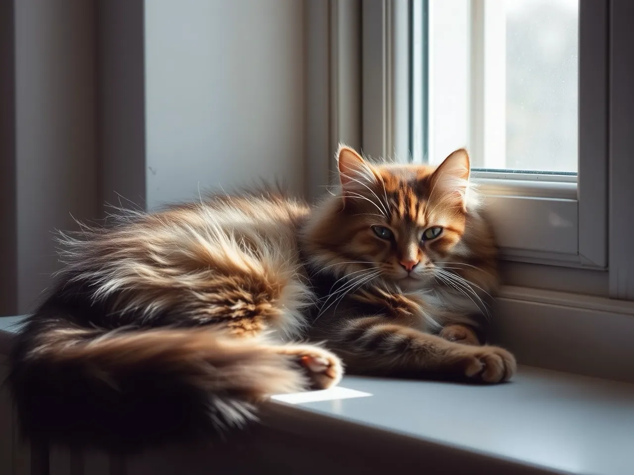 norwegian forest cat resting near window with soft daylight
