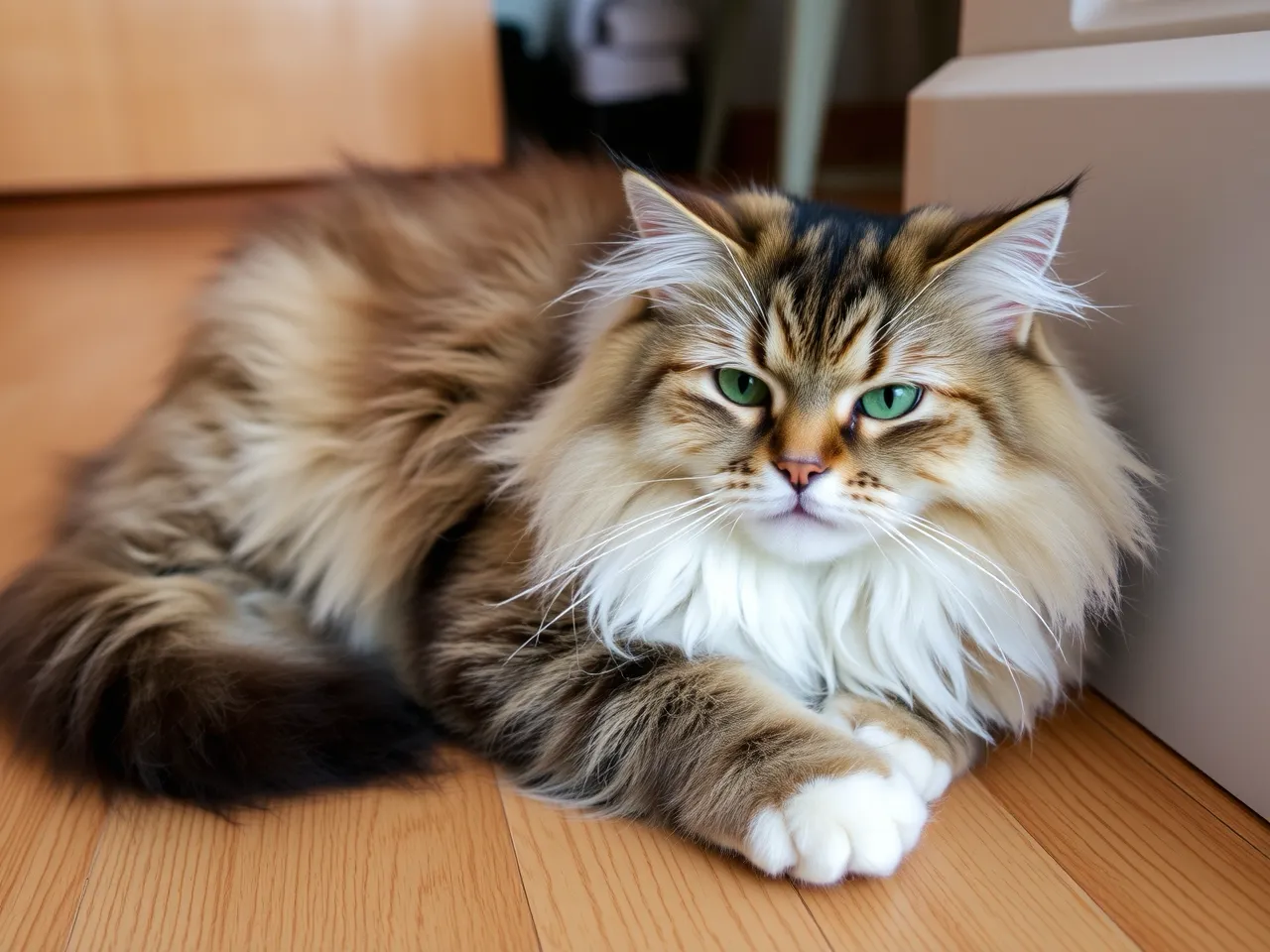 fluffy norwegian forest cat lying on wooden floor indoors