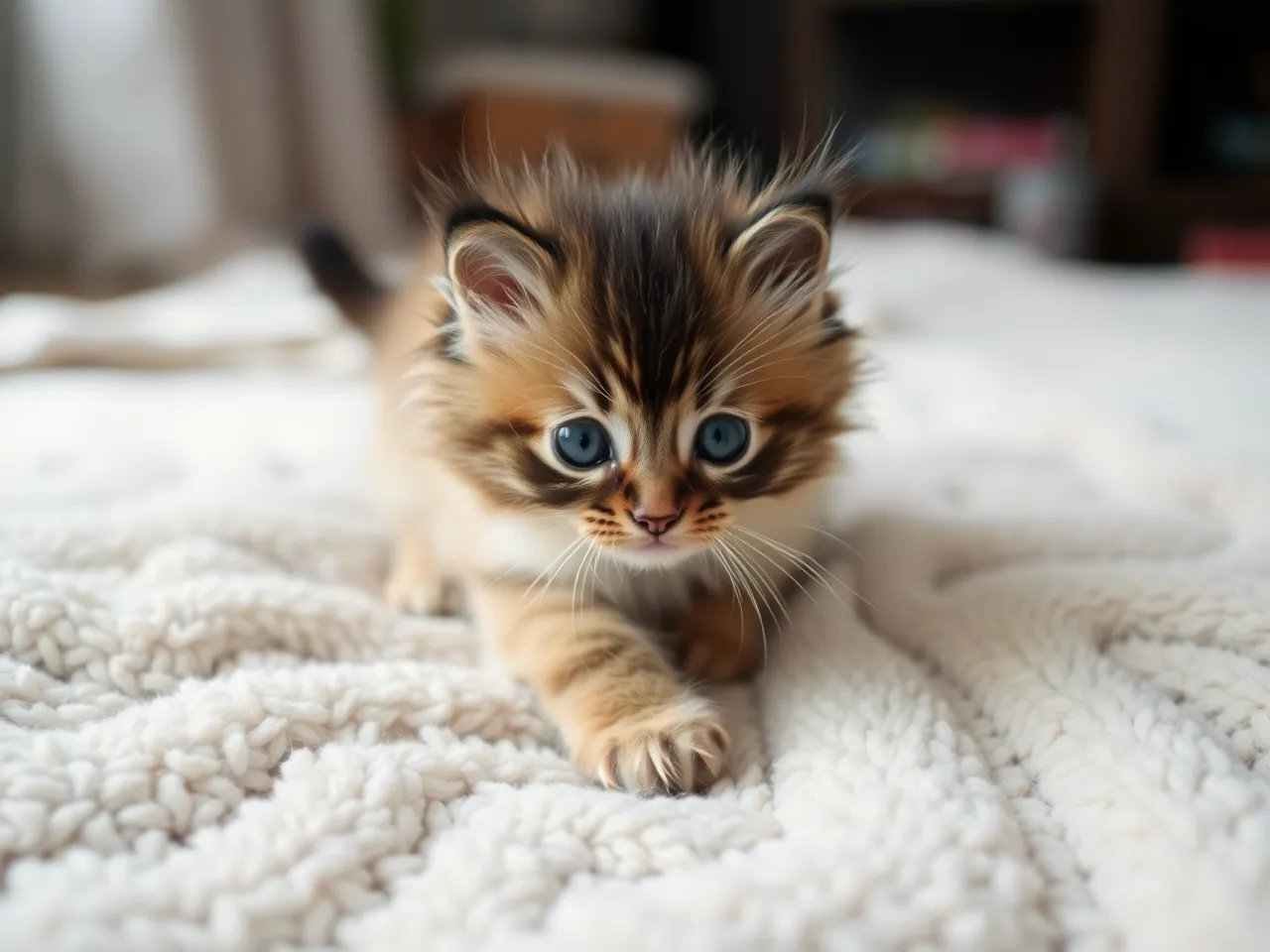 norwegian forest kitten playing on soft blanket indoors fluffy coat