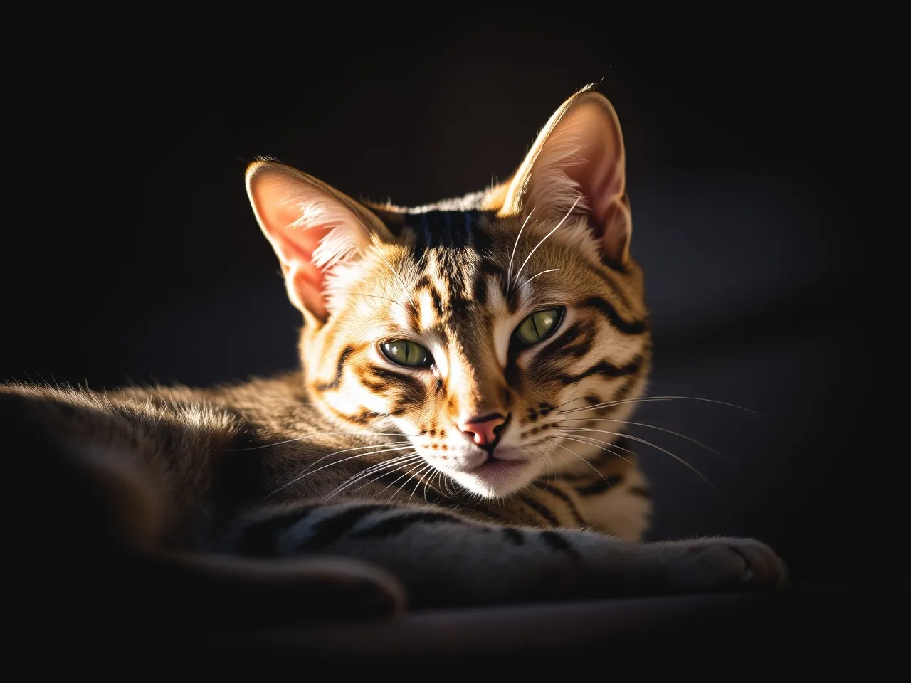 ocicat cat resting under warm lamp light in evening indoor scene
