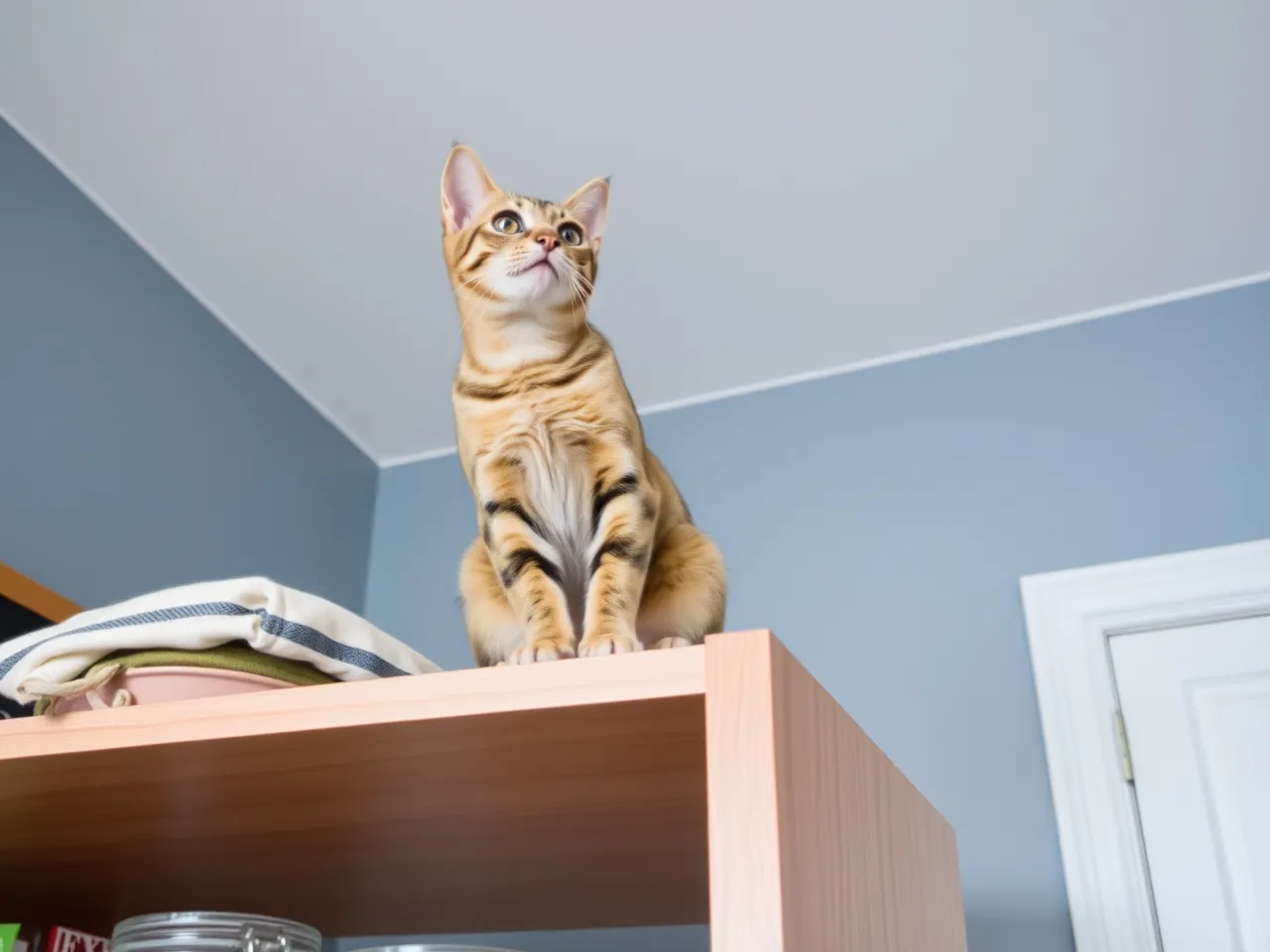 ocicat cat sitting on high shelf watching the room from above