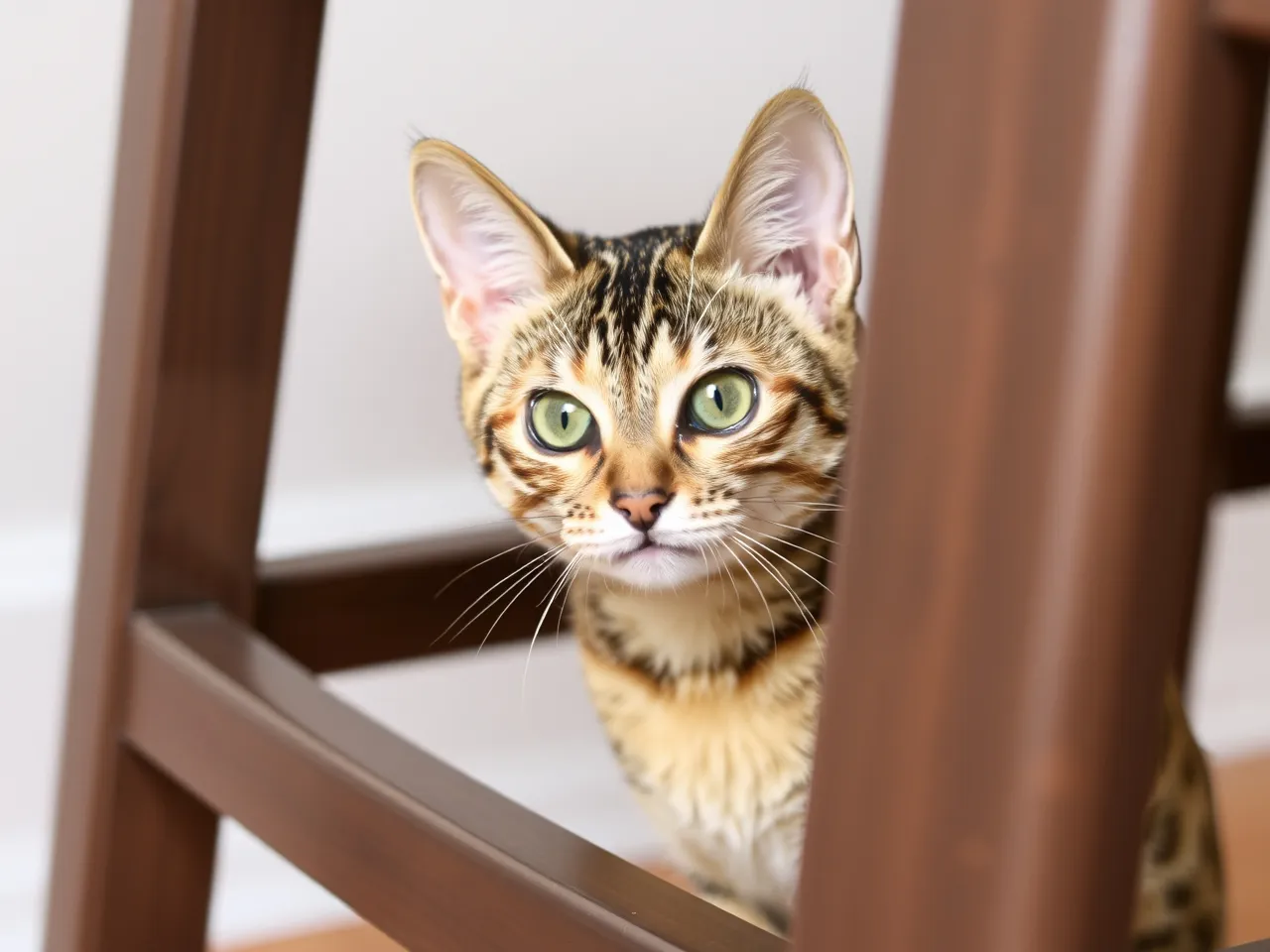 ocicat cat peeking from behind a chair with curious eyes