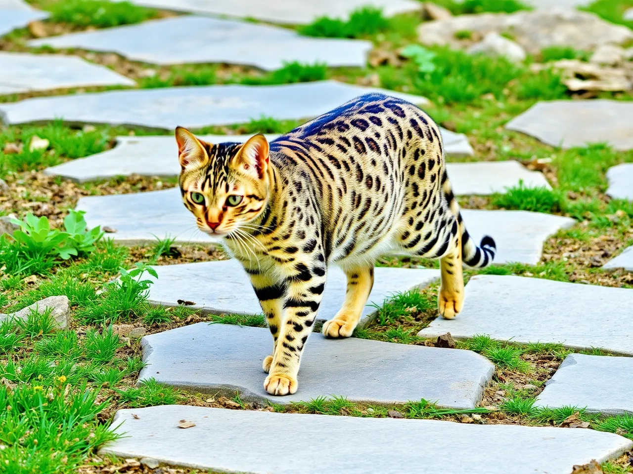 ocicat cat walking on stone path in outdoor garden setting