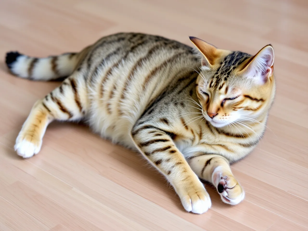 ocicat cat stretching body on wooden floor after waking up