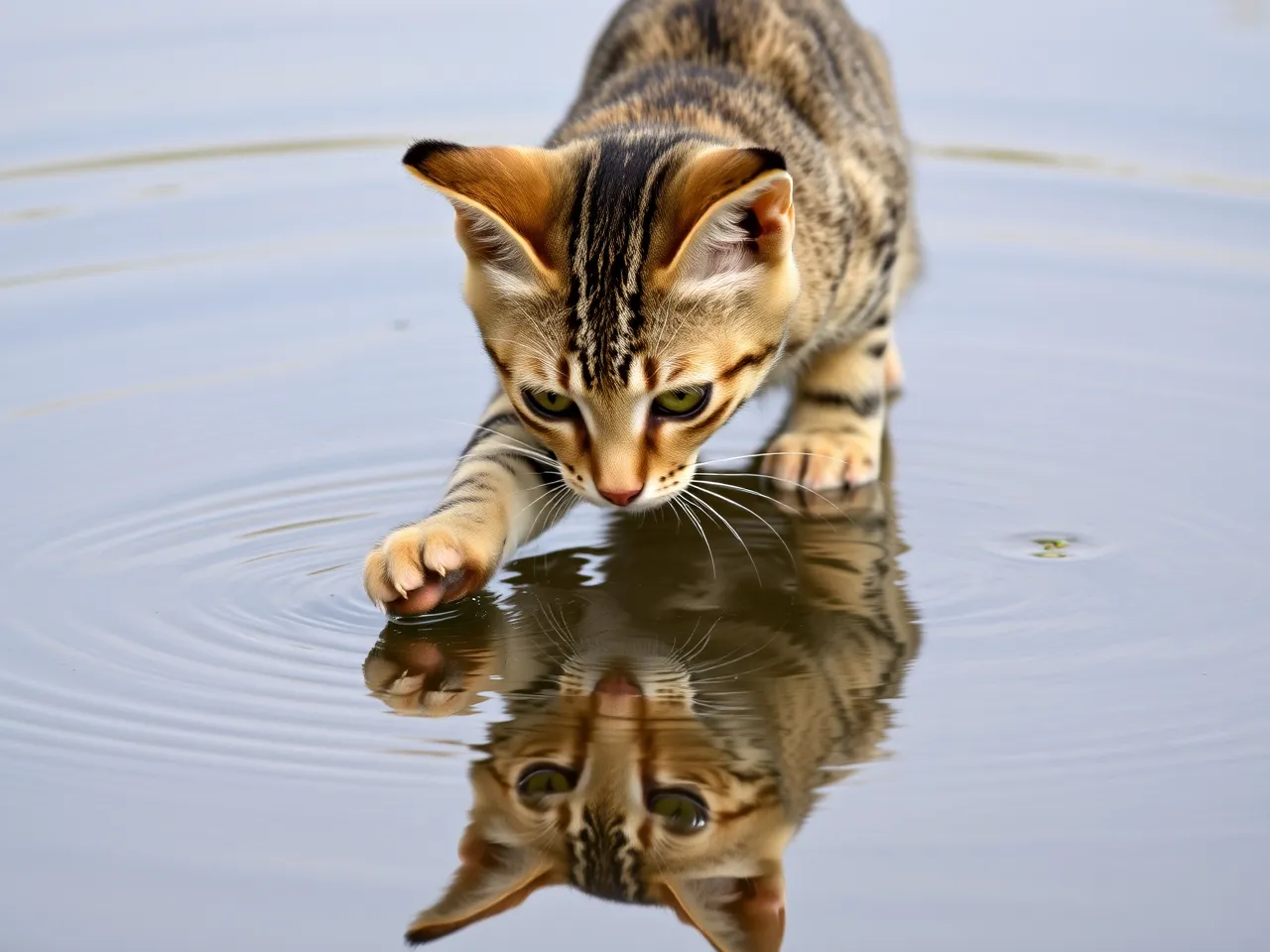 ocicat cat touching water surface with paw near bowl