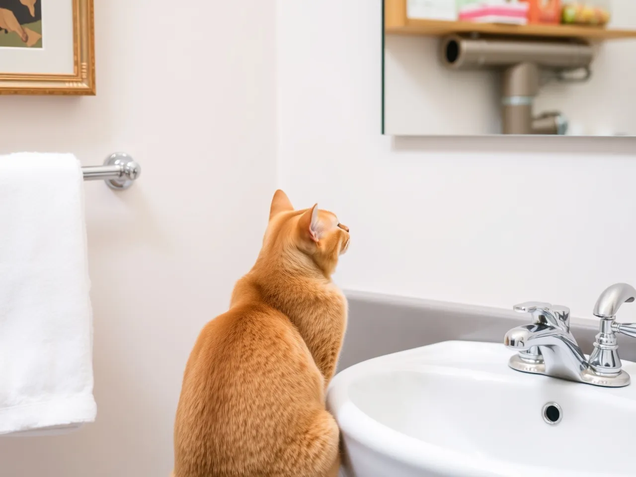 orange cat sitting near sink in bathroom looking at mirror