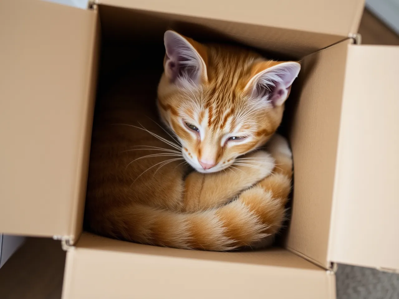orange cat curled up inside cardboard box cozy indoor scene