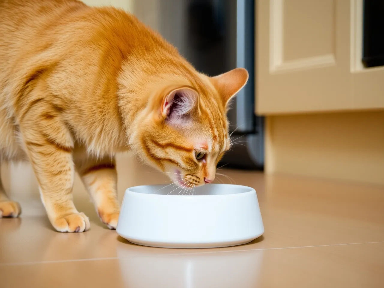 orange cat eating from bowl on kitchen floor natural feeding scene
