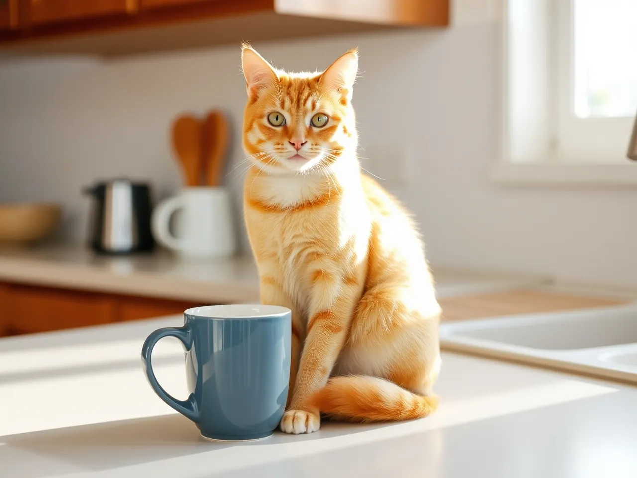 orange cat sitting on kitchen counter near coffee mug morning light