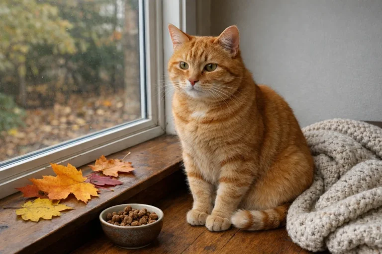 Orange cat among autumn leaves