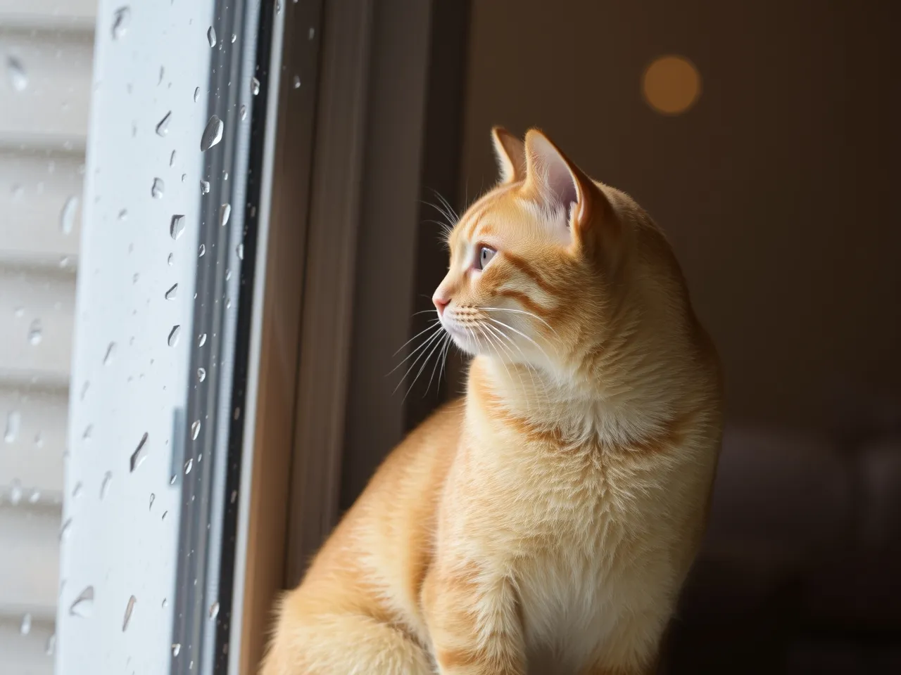 orange cat sitting near rainy window with water drops on glass