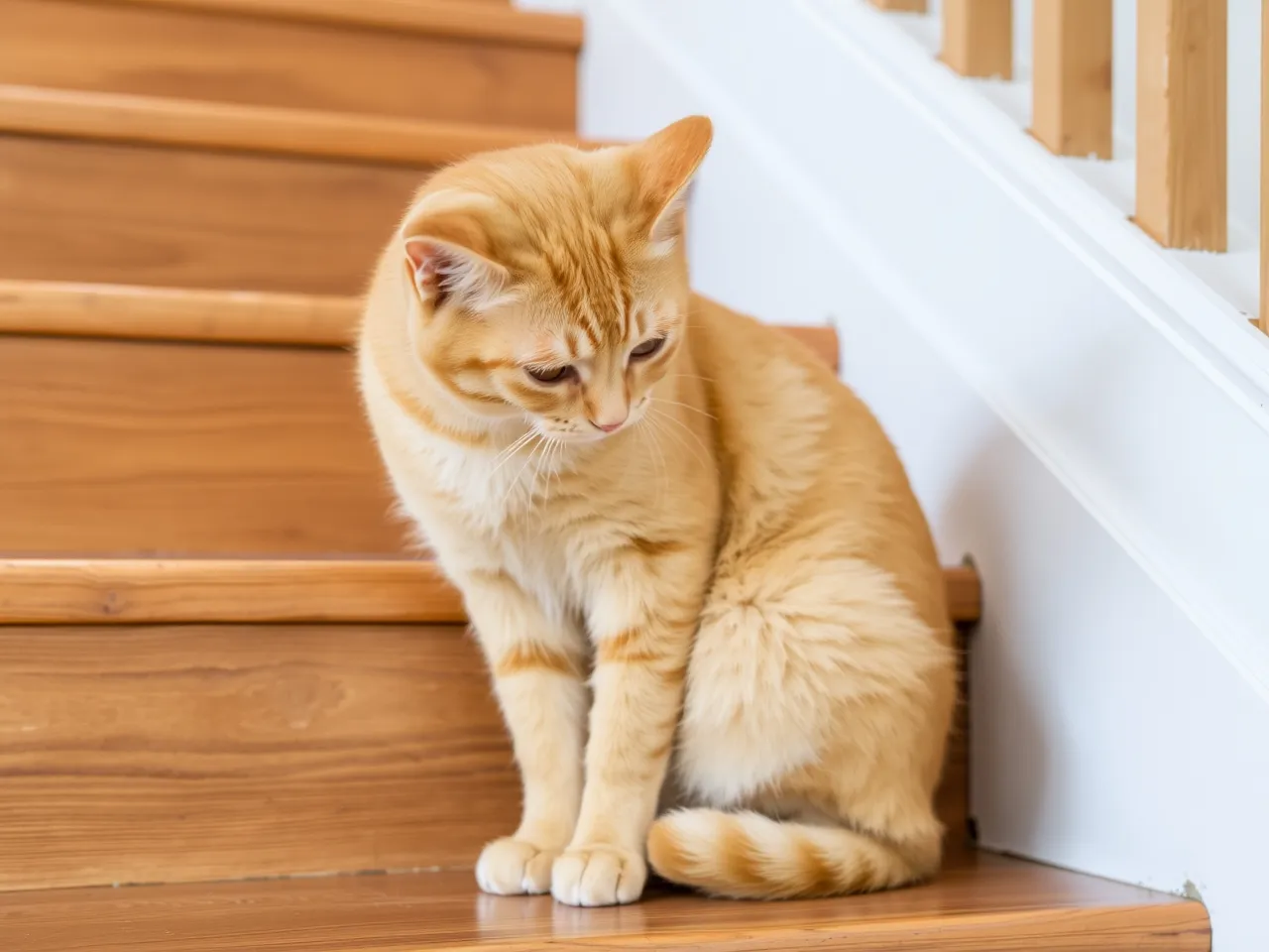 orange cat sitting on wooden stairs looking down curious pose