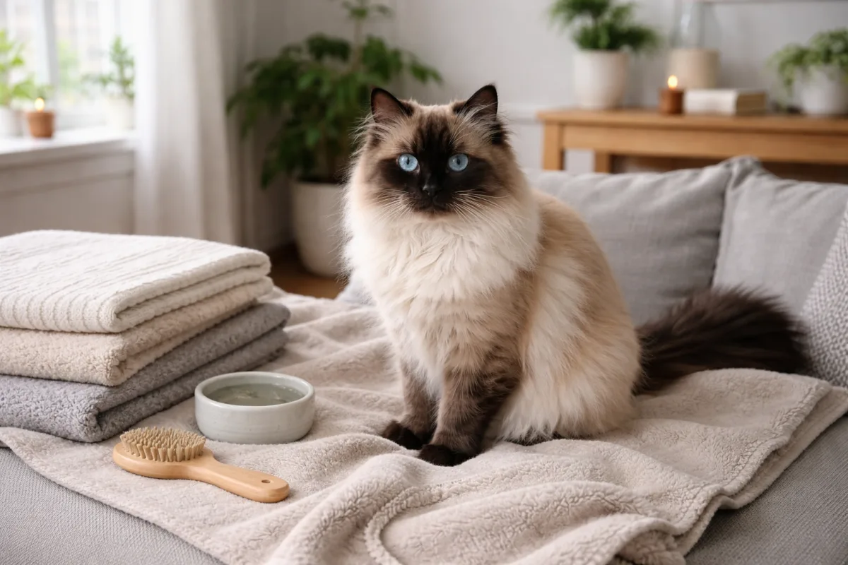 Himalayan cat sitting on a soft blanket