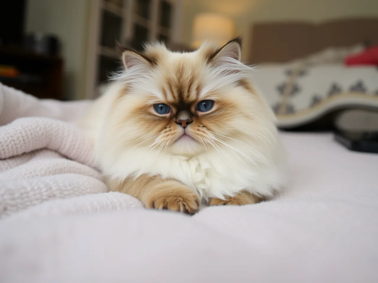 fluffy persian cat resting on soft blanket indoors cozy scene