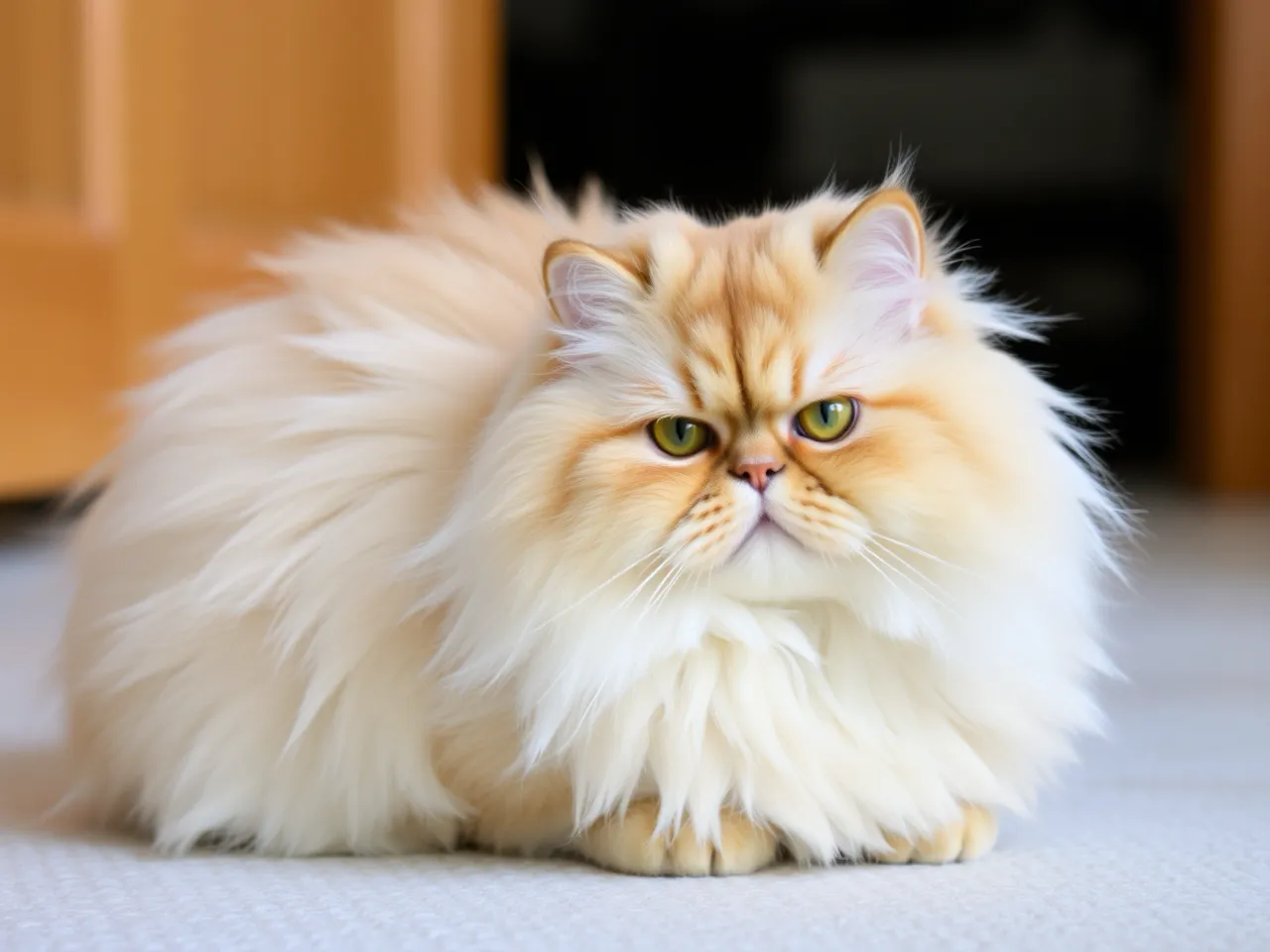 persian cat with long fluffy coat and flat face sitting indoors