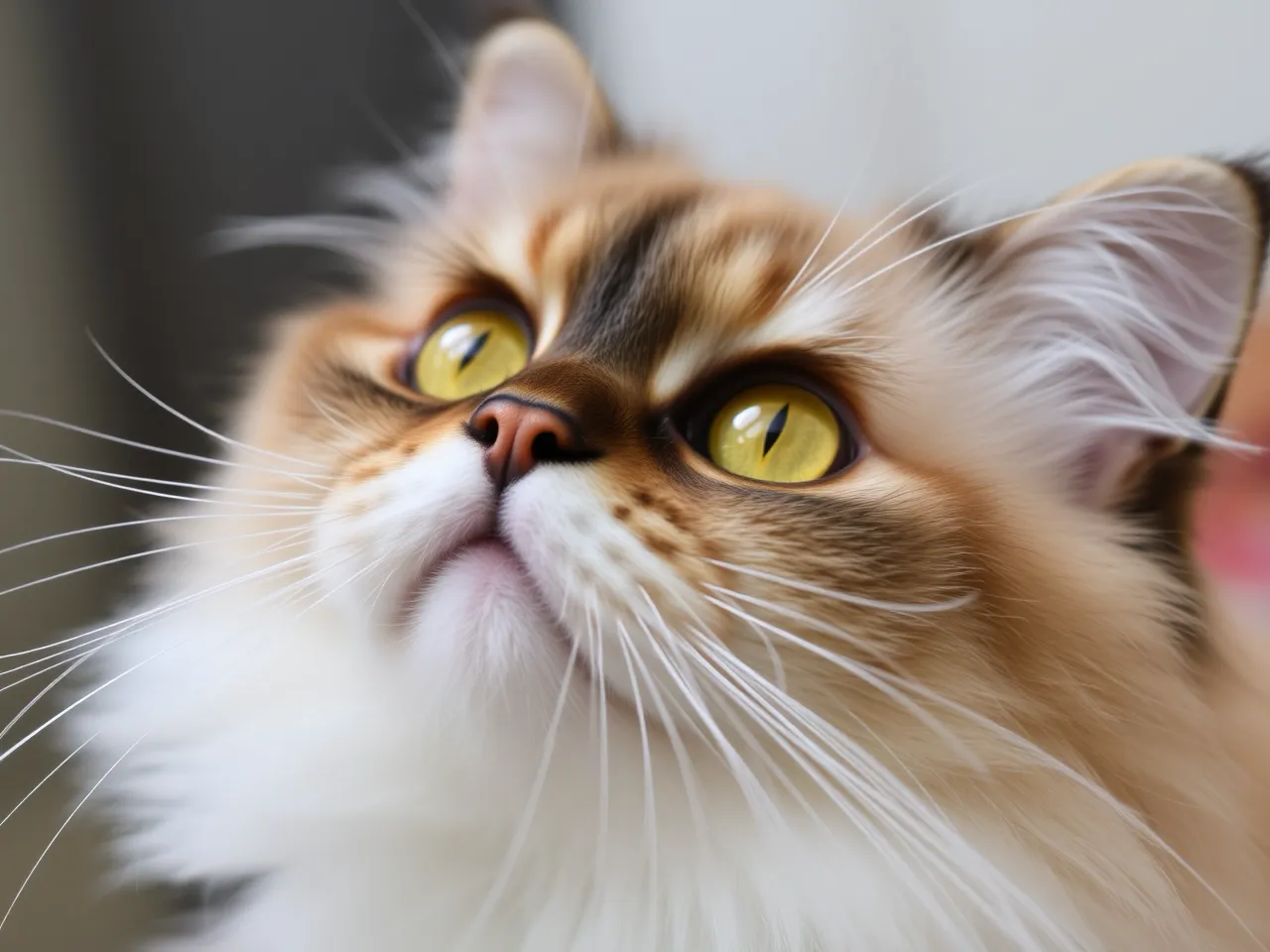 persian cat with golden eyes looking up close up