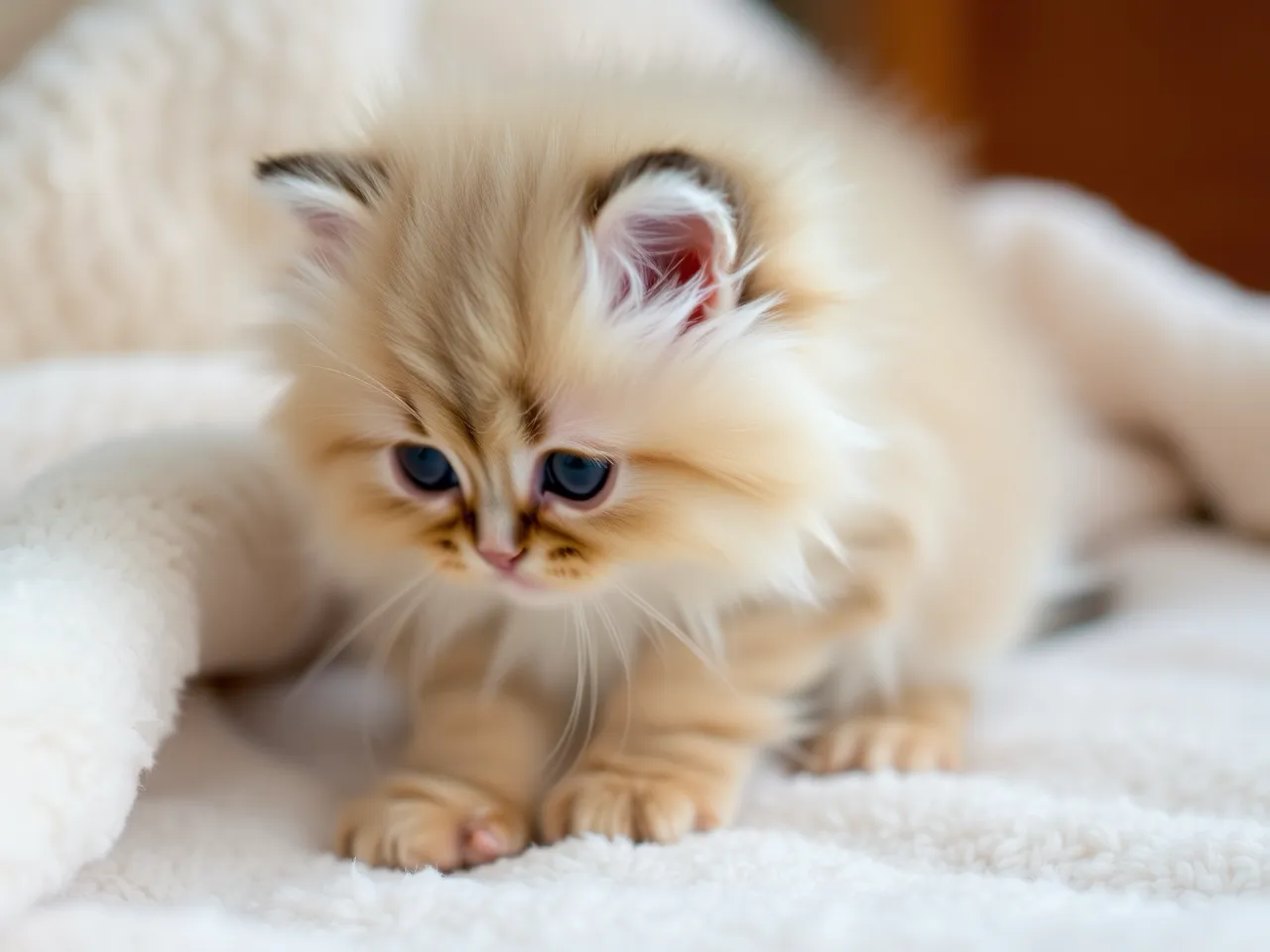 persian kitten with fluffy coat playing on soft blanket