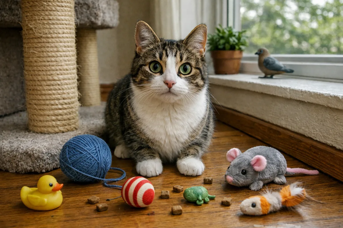 Playful cat with toy mouse and bright collar