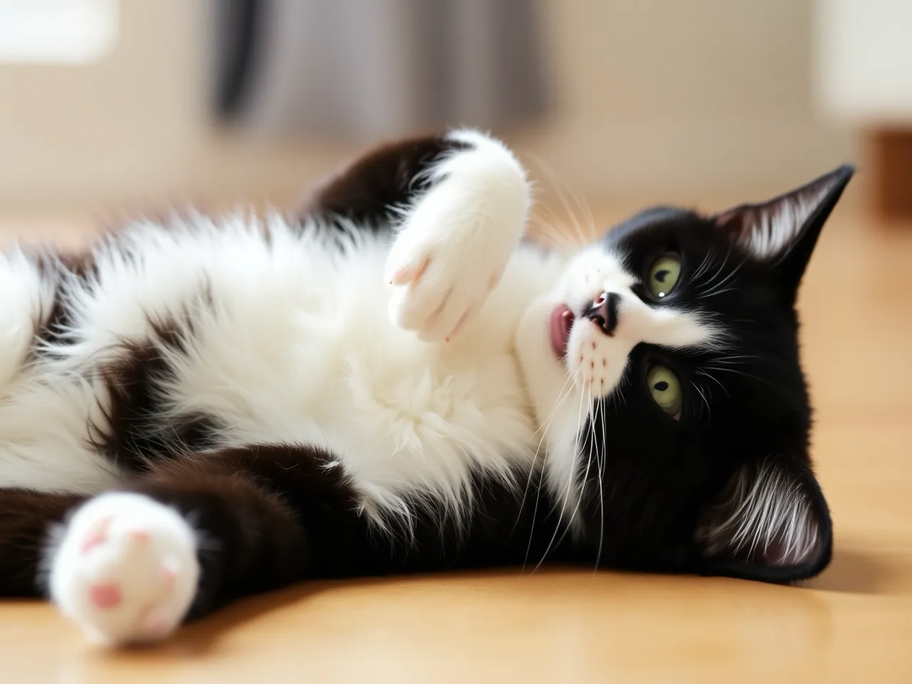 playful tuxedo cat lying on its back indoors