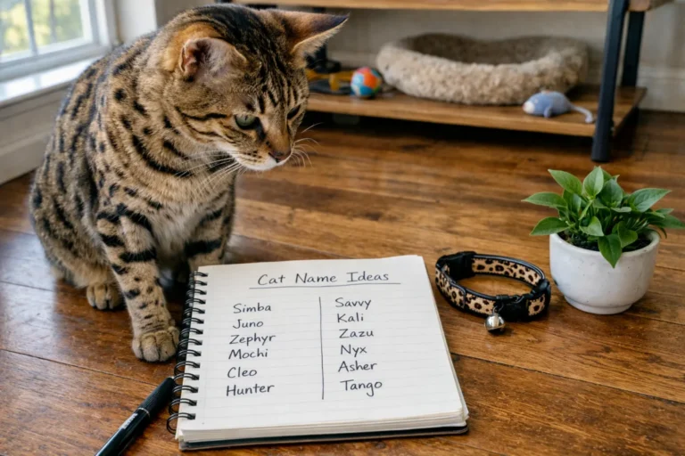 Savannah cat beside bold name notes
