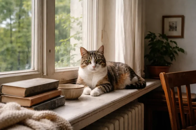 Elegant cat resting near vintage books