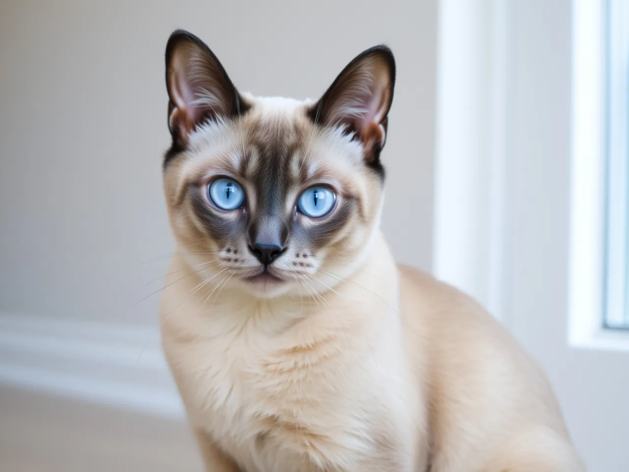 tonkinese cat with aqua eyes sitting indoors elegant pose