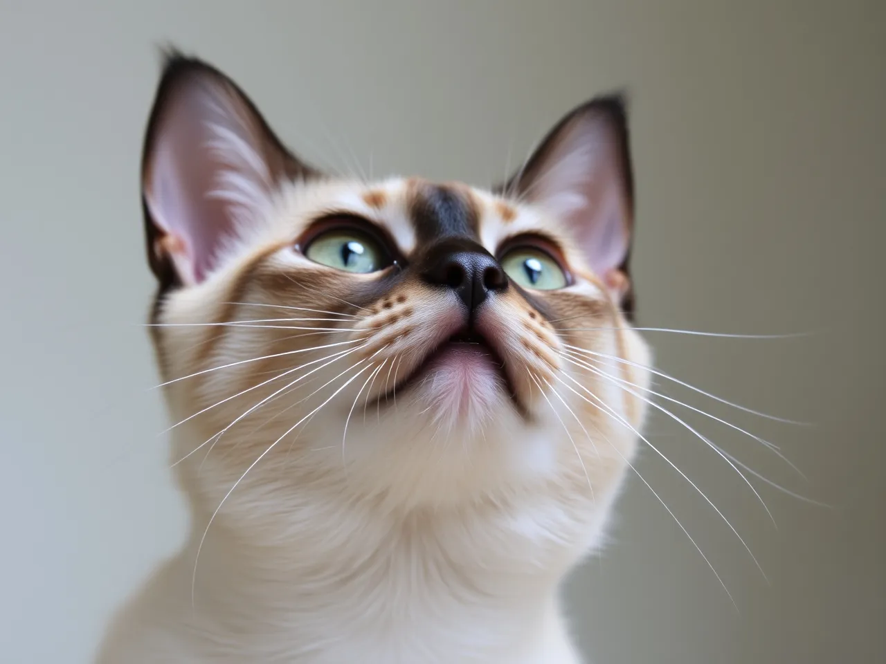 tonkinese cat looking up with curious expression and sleek coat