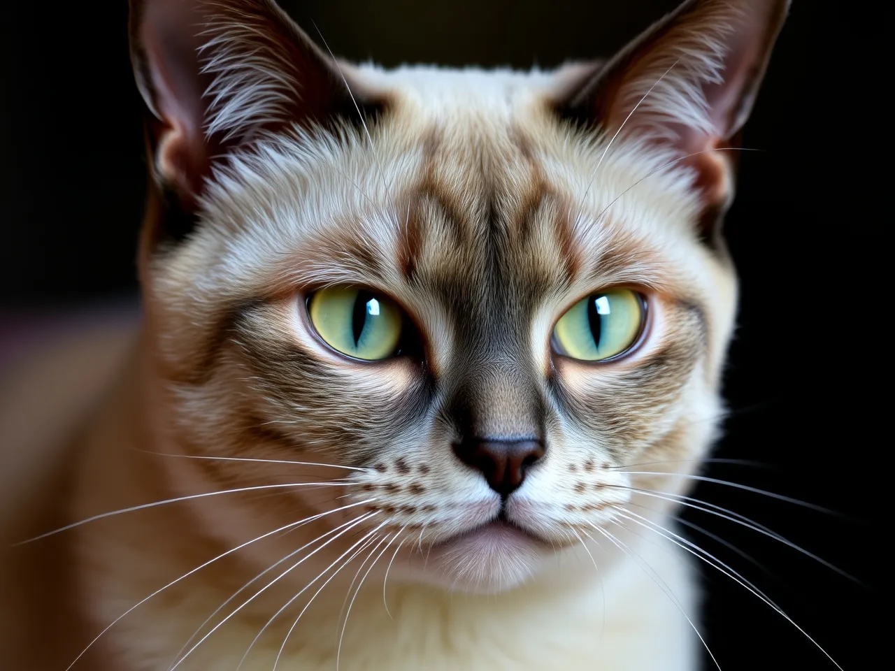 tonkinese cat close up portrait with smooth coat and bright eyes